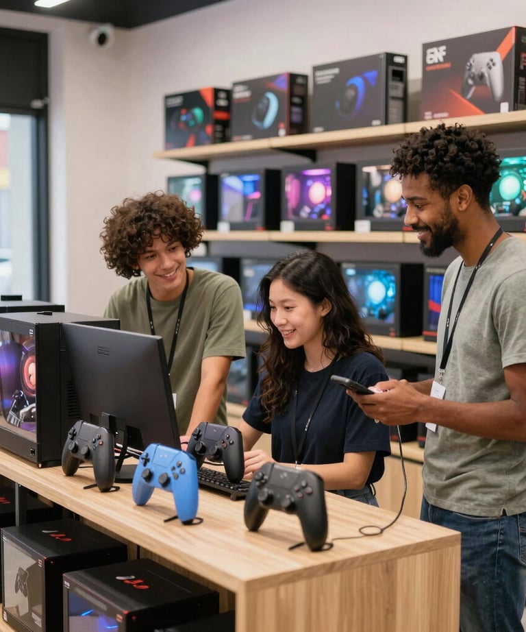 A retail storefront showcasing a variety of products with friendly staff assisting customers.