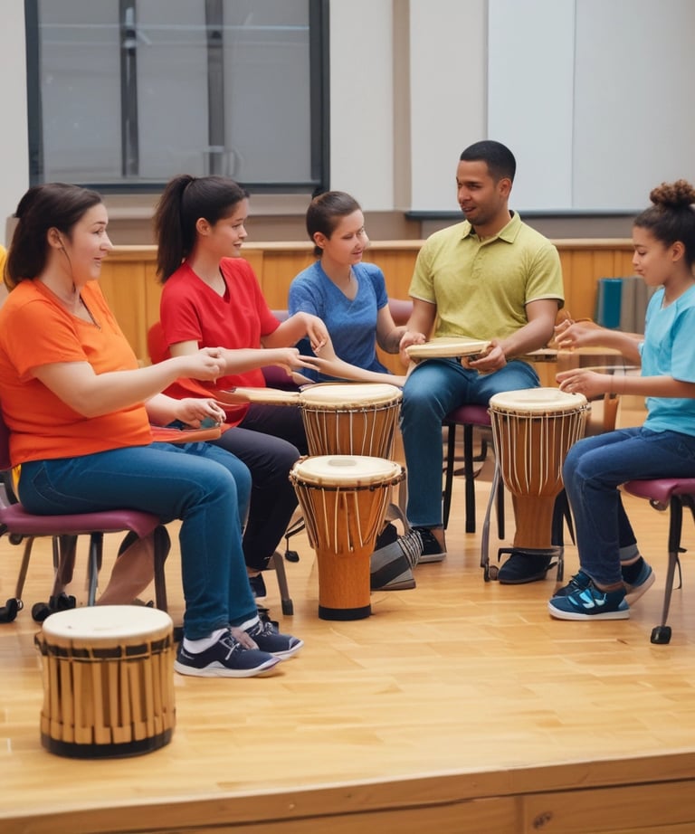 A person is seated in a calm, meditative posture on a mat, with three golden singing bowls placed in front of them. A wind chime made of bamboo is suspended, adding a serene ambiance to the scene. The individual is dressed in black athletic wear.