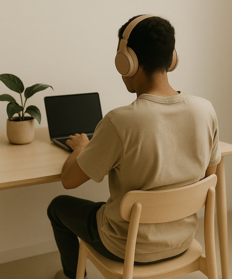 a man sitting at a desk with a laptop and headphones