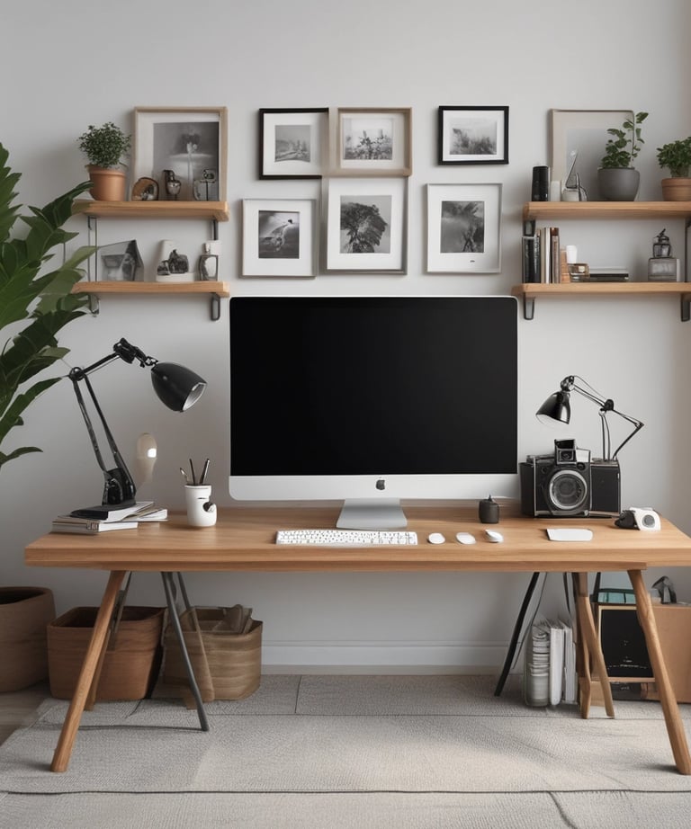 An elegant workspace featuring photography equipment and a clean aesthetic.