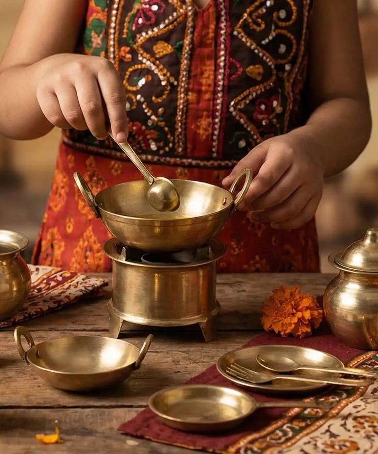 baby girl cooking in miniature brass toys