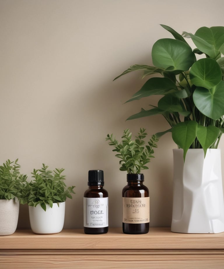 A small bottle of lavender essential oil sits on a wooden surface. The bottle has a white cap and a purple label indicating it is a therapeutic-grade product. In the blurred background, there is a plant in a terracotta pot and a light-colored wooden cabinet with drawers.