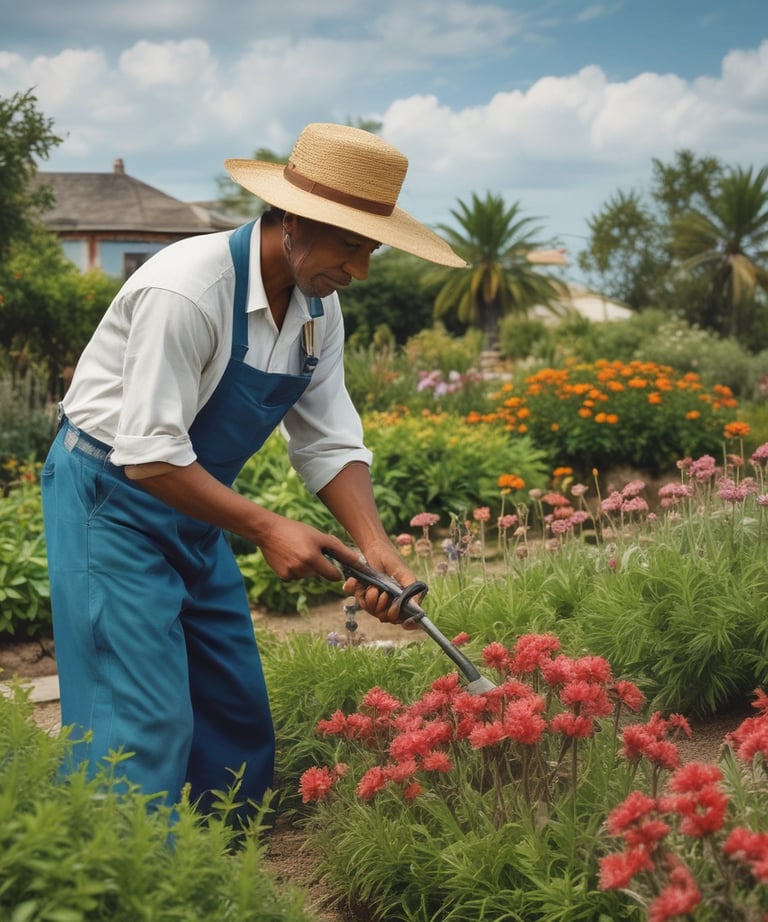 a man is standing in a garden with a raket