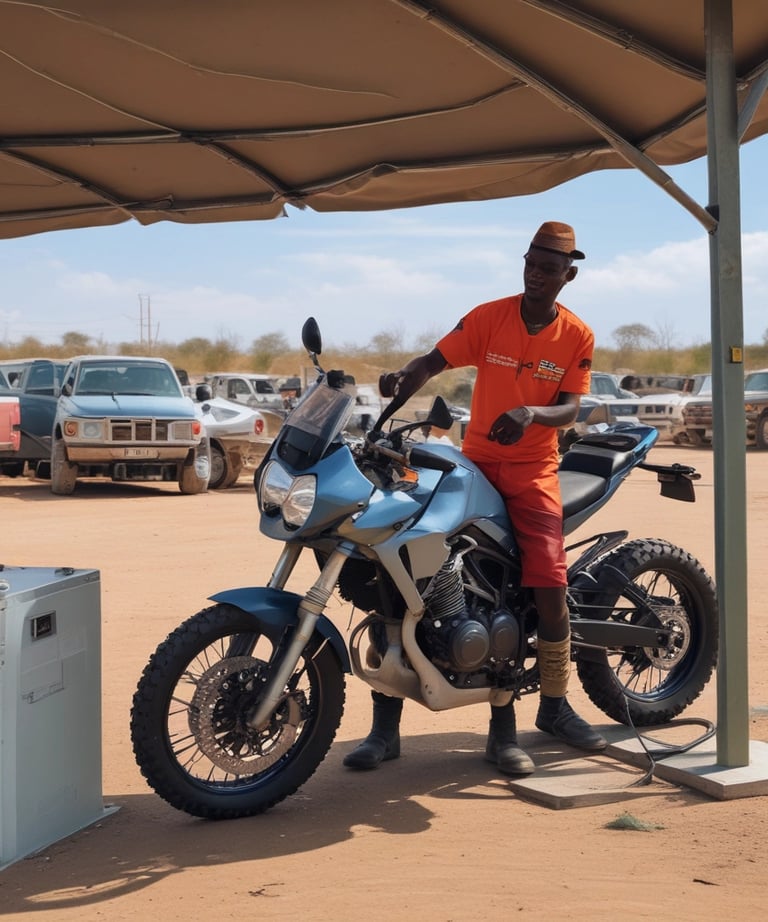 African rider replacing a motorcycle electric battery that has been recharged at a charging station