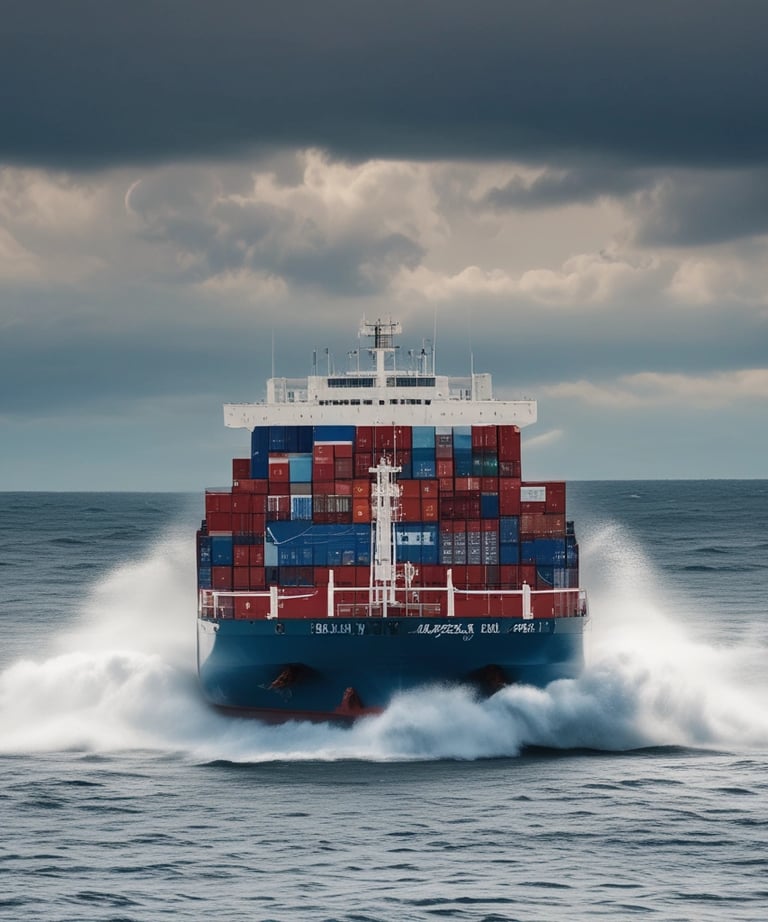 A large cargo ship is loaded with multiple shipping containers stacked high. Cranes labeled 'Terminal Burchardkai' are positioned above, suggesting the loading or unloading process is underway. The ship is sailing through a body of water with a cloudy sky overhead. The containers are colorful and bear various company logos.