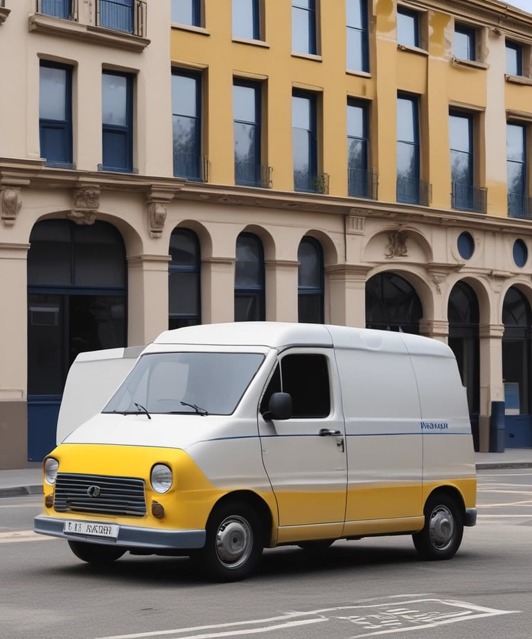 A bright yellow delivery van with the words 'DIE POST' in black and a red cross logo is parked on a street in front of a red building. The building has several windows with closed shutters.