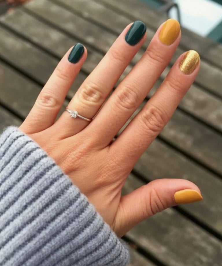 Dark green, mustard, and gold shimmer nails for fall – moody and modern nail color combo perfect for