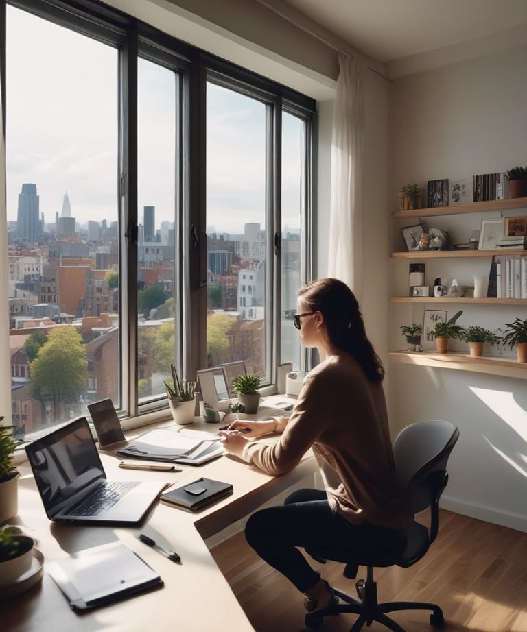 A cozy home office setup with soundproof windows and a comfortable desk.