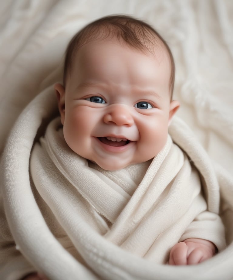 Bebê enrolado na fralda sorrindo
