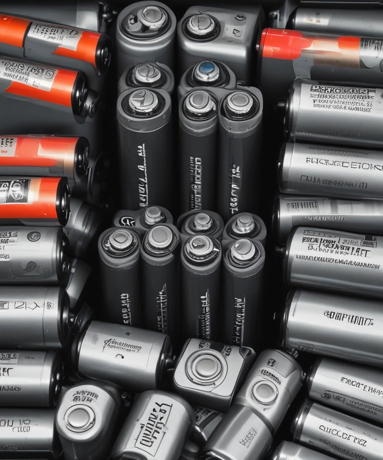 Two black lithium-ion battery packs are placed against a vibrant yellow background. The battery on the right has a blue label with technical specifications and safety notices, while the battery on the left features a black and green label with similar information.