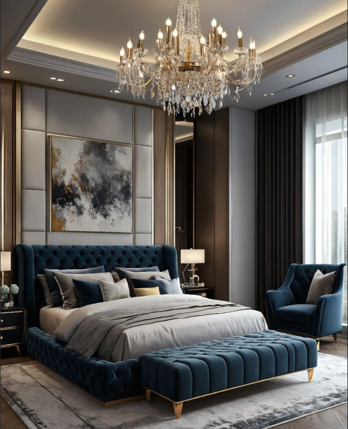 a bedroom with a chandelier and a chandelier