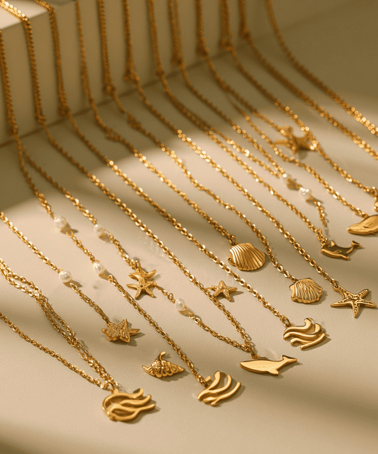 Serie de collares dorados de acero inoxidable alineados con dijes de olas, conchas, estrellas de mar