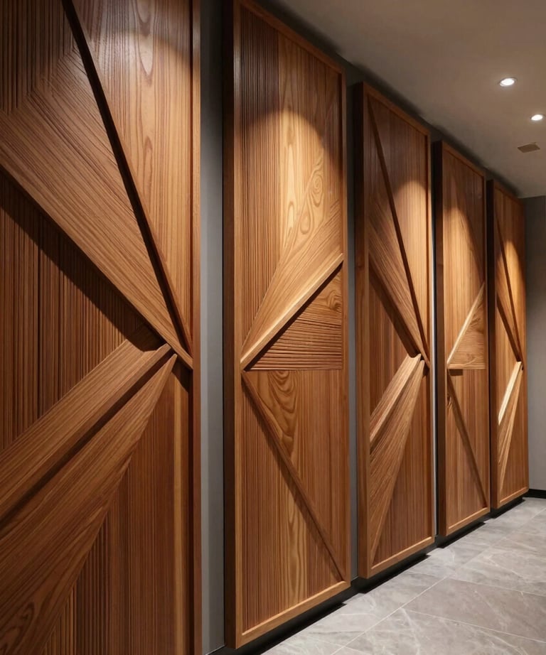 A North American high-end residential hallway featuring a series of geometric wood relief panels under directional lighting.