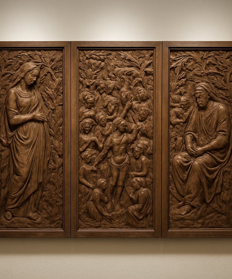 A wide shot of a wood relief sculpture consisting of three panels in bronze brown, mounted on a bone white wall with spotlighting.