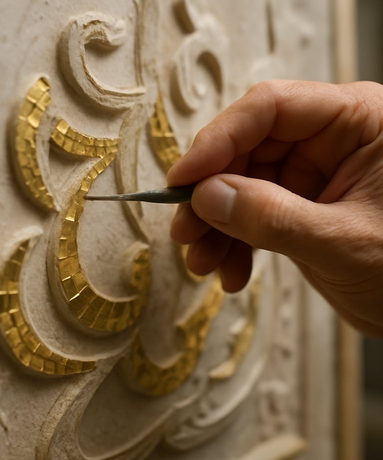 Action shot of a calligrapher's hand meticulously applying golden mosaic tiles to a sacred typography relief. Shallow depth of field.