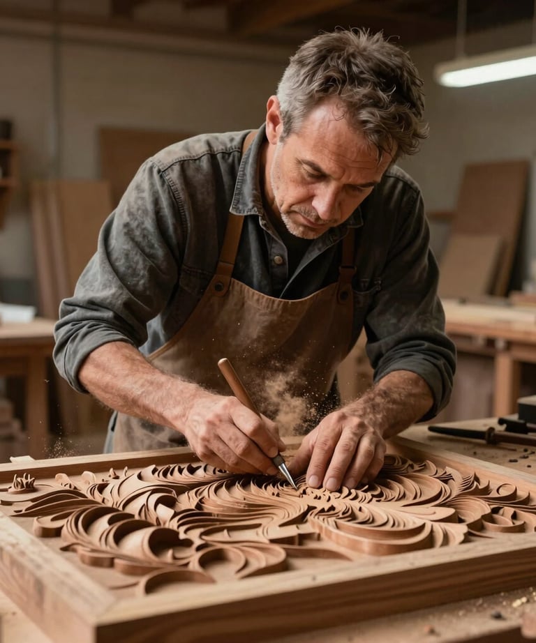 Portrait of a master woodworker in a high-end workshop in North America, hand-refining a complex topographical relief art piece. Warm lighting, dust in the air, bronze brown tones.