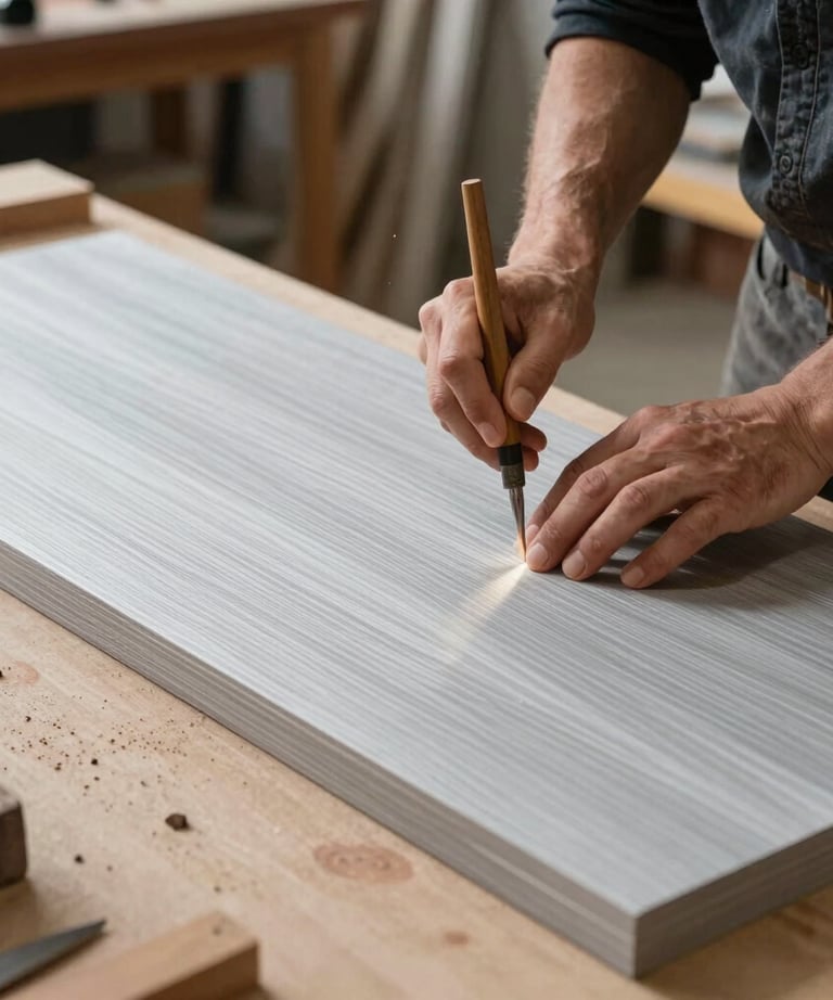 A master woodworker using precision tools on a silver gray veneer panel in a modern industrial North American studio.