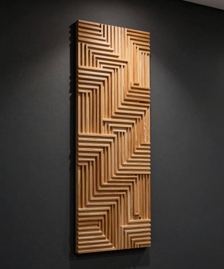 A tall vertical wood relief piece featuring rhythmic geometric patterns, casting dramatic shadows against a charcoal black wall in a North American corporate office.