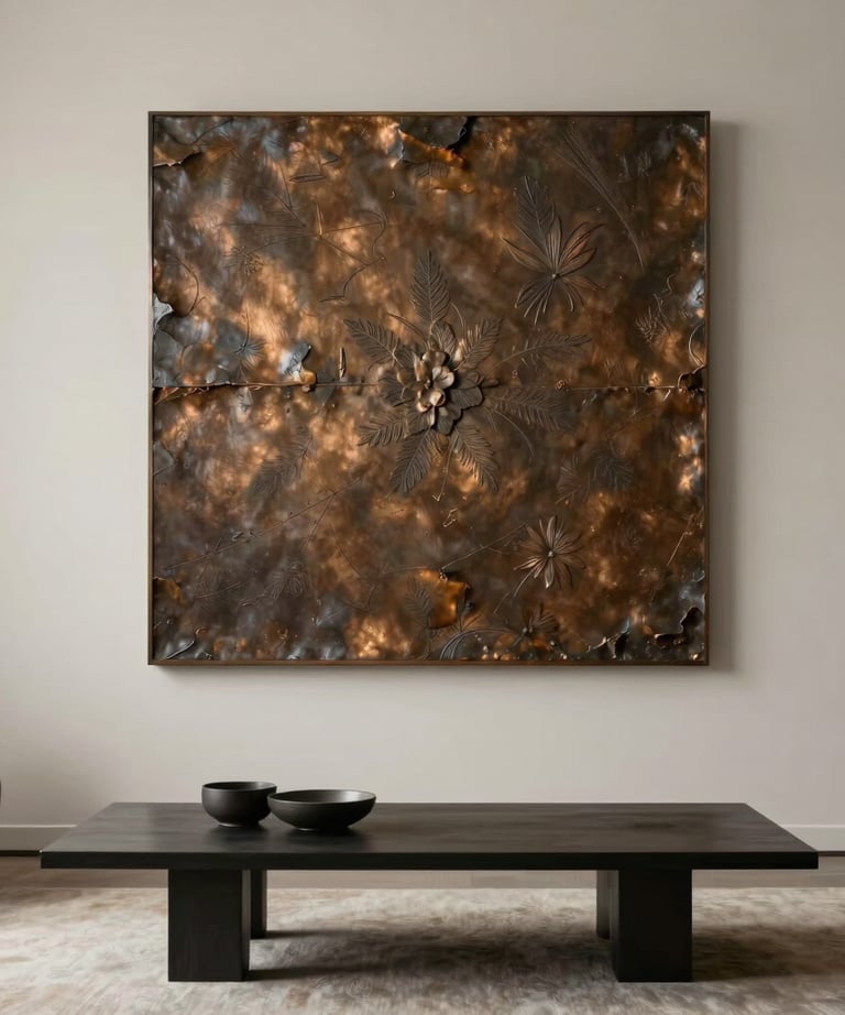 A minimalist North American living room with a neutral palette and a large bronze brown micro-cement relief piece above a low table.