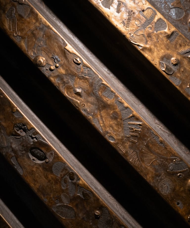 A close up of a bronze brown textured art piece with dramatic lighting from above, creating deep black shadows between the sculpted elements.