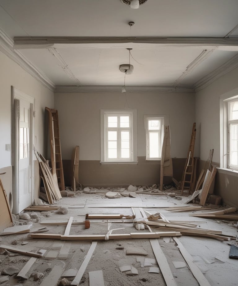 A room under renovation with unfinished walls and windows. A person is working on the floor, surrounded by construction materials including paint buckets, wooden planks, and plastic sheets. Sunlight streams in through the large windows, casting shadows on the partially plastered walls.