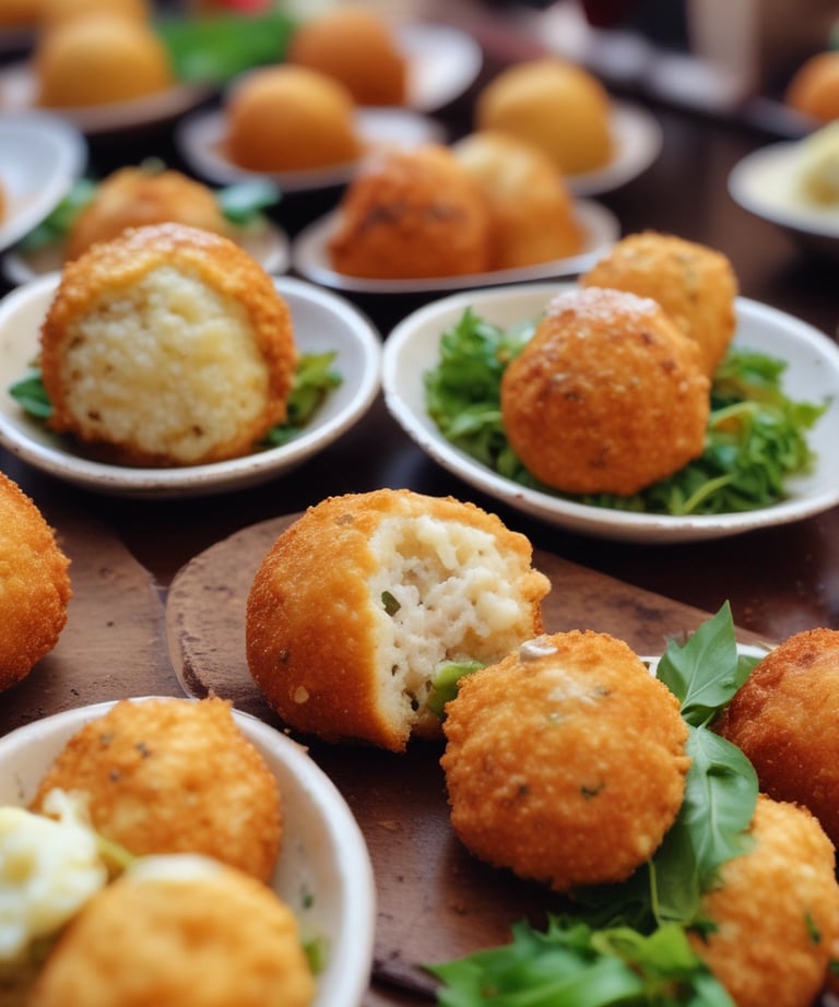 Two spherical rice balls with herbs and a small red garnish on top sit on a white plate featuring a red rim. A portion of a brown, textured garnish or condiment accompanies the rice balls, and a golden sauce is spread across the plate.