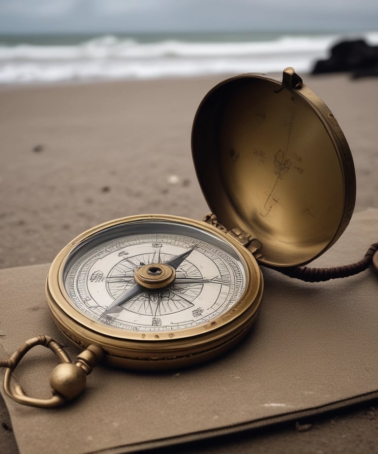 A close-up of a compass resting on a sandy beach, symbolizing guidance and direction.
