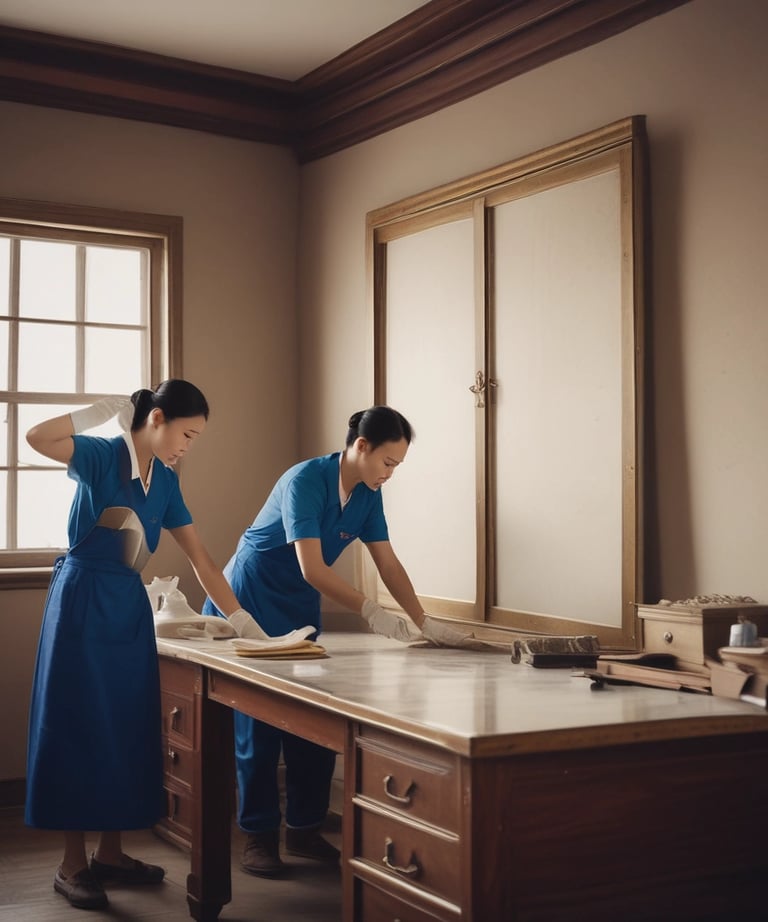 A group of people inside a room engage in cleaning or maintenance activities. One person sweeps the floor with a broom while others stand and observe, smiling or gesturing. The room has wooden structures and a child rests on a bed nearby.
