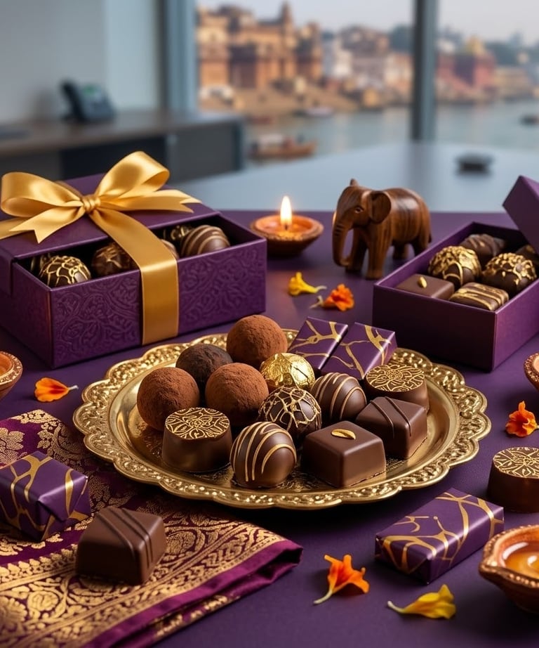 Assorted luxury Diwali chocolate gift boxes and truffles on a golden platter with lit diyas and festive decor.
