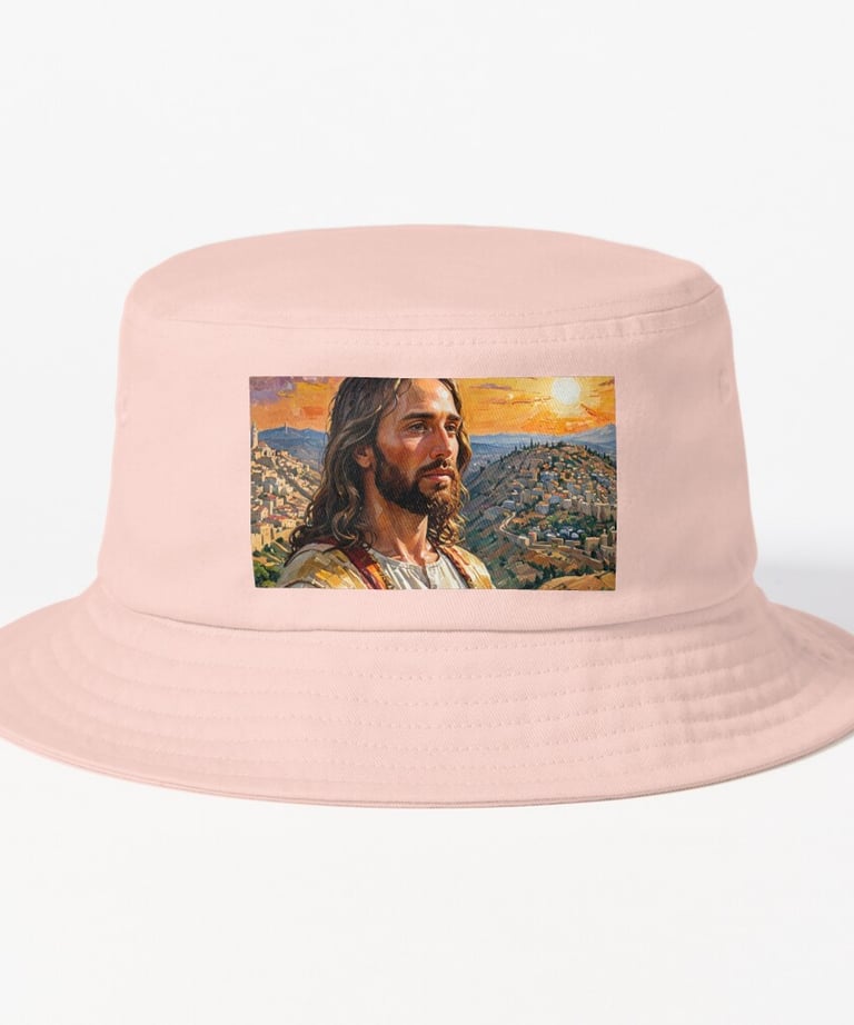 a picture of a jesus's face on a pink hat