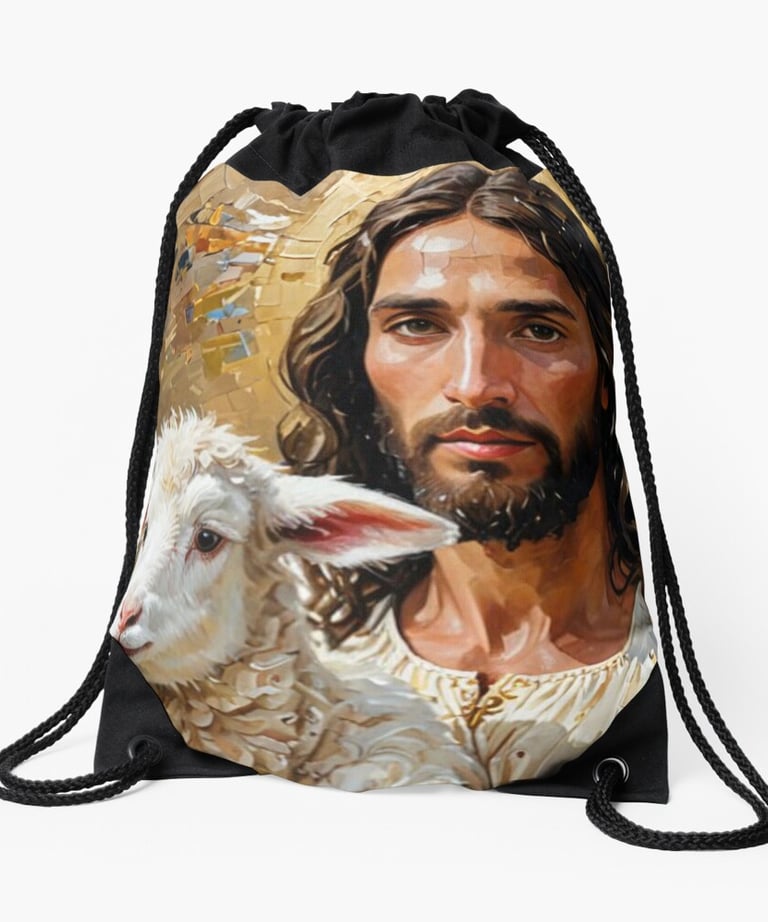 a drawsack bag with a picture of jesus holding a lamb