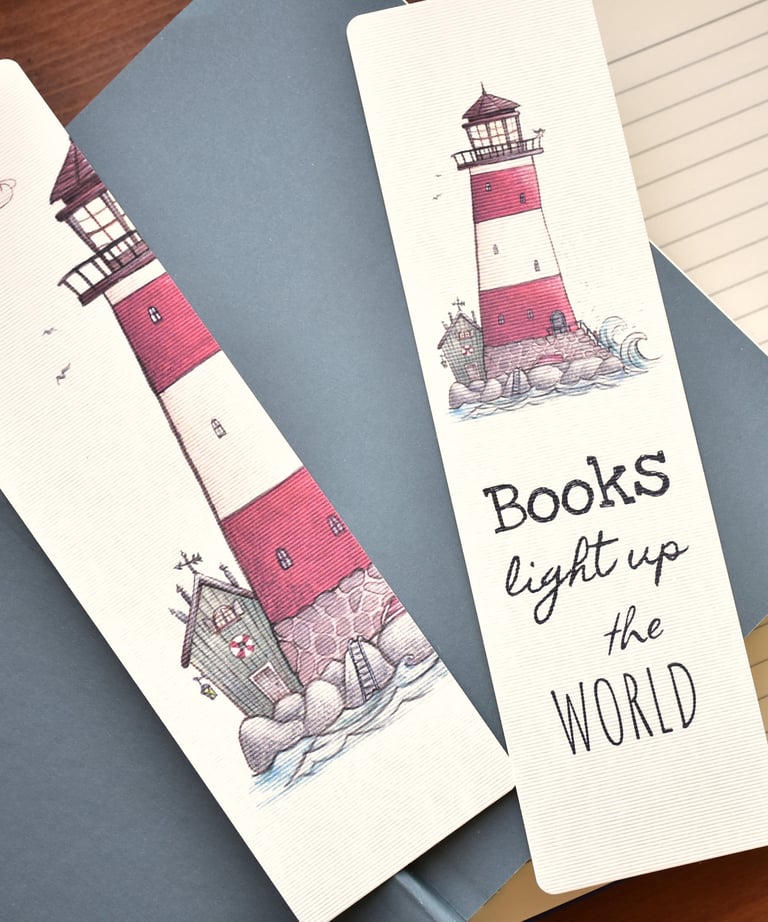 printed handmade bookmarks, story book style illustrations on stationery