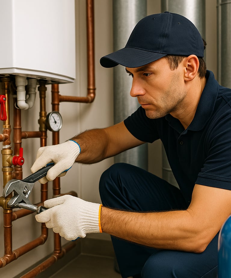A plumber adjusts copper pipes beside a modern boiler in a clean utility room.