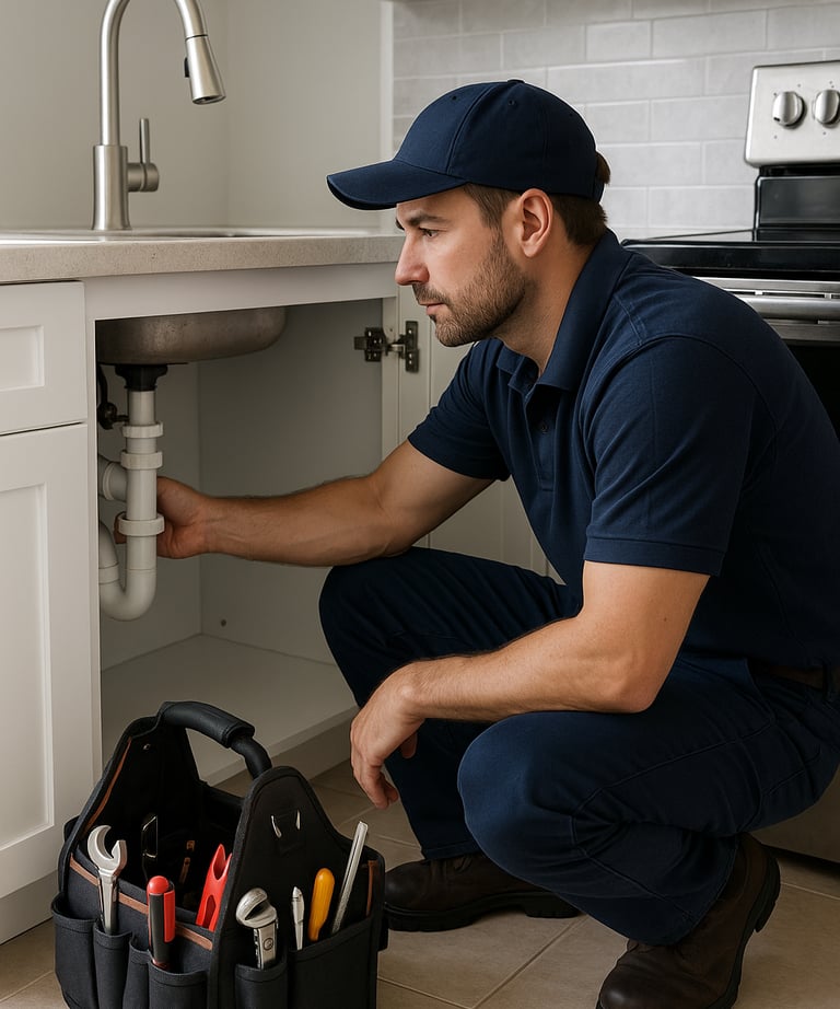 A focused plumber works beneath a modern kitchen sink with organized tools nearby.