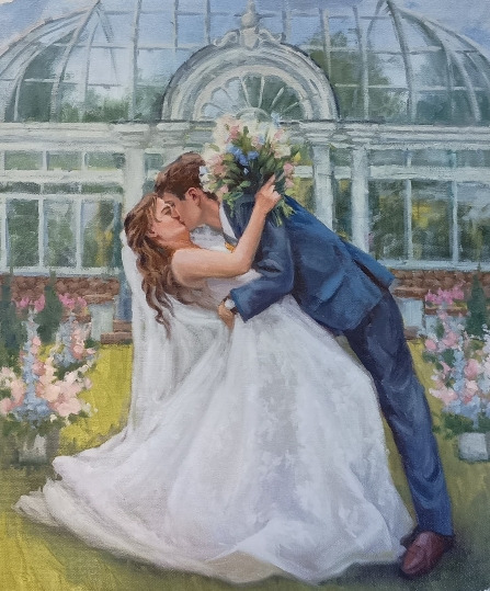 Reynolda Gardens Wedding Painting, First kiss painting in Winston-Salem, NC