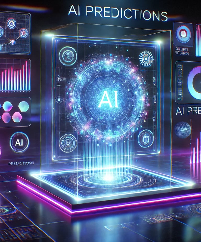 Futuristic holographic interface showcasing AI-generated data and trends from PersonAI Predictions.