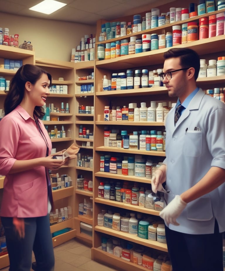 An exterior view of an old pharmacy building with vintage signage. The entrance features large glass doors displaying the word 'pharmacy' and posters on either side. The building has multiple storeys with balconies on the upper levels.