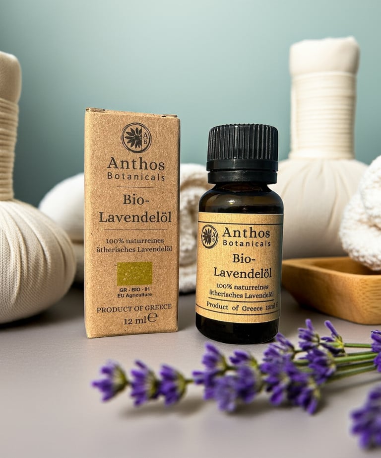 a bottle of lavender essential oil and lavender flowers