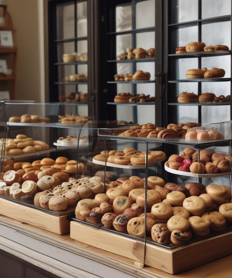 An assortment of freshly baked breads and pastries displayed on a rustic countertop, showcasing artisanal craftsmanship.