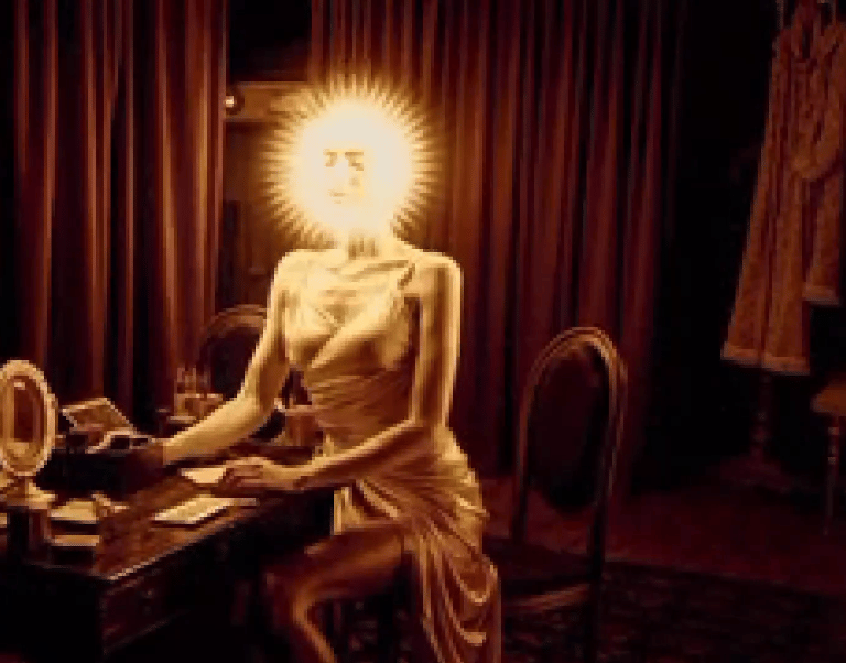 An actress is backstage meditating on her role and looks like a sun goddess.