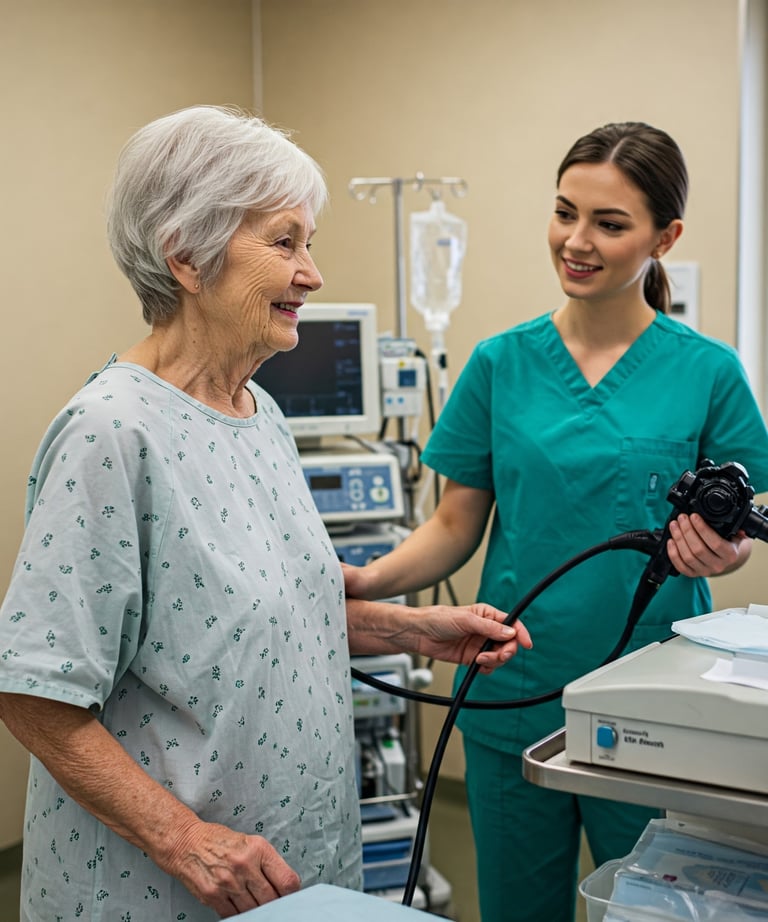 Mulher realizando colonoscopia como exame de rastreio para câncer de intestino