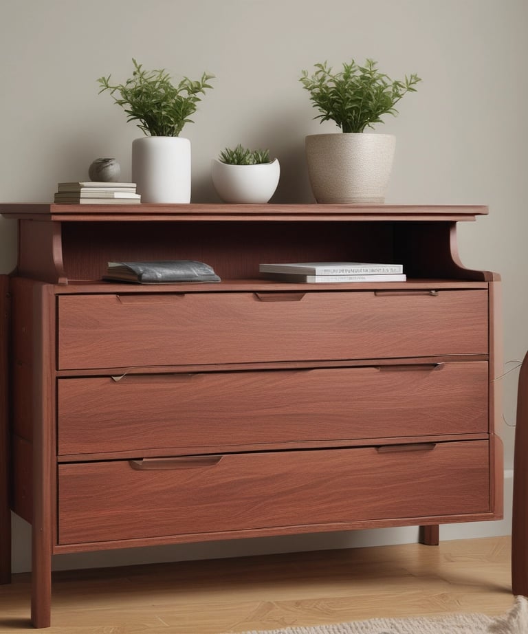 A modern interior scene featuring a mid-century style wooden cabinet with stylish grain patterns. A simple, abstract art piece in a frame rests on top of the cabinet. Beside the furniture, a short wooden stool with three legs adds a touch of minimalist design. The walls are painted in a neutral tone, complementing the wooden textures.