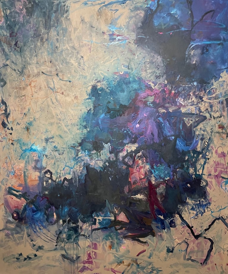 deep blue and dark green colors on a tan background acrylic large painting