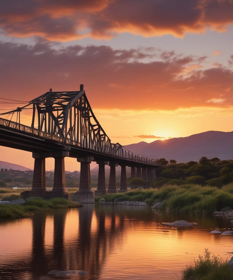 Modern architecture with a wave-like roof design stands prominently against a backdrop of traditional brick buildings. The scene is set alongside a calm waterway, with a bridge and a construction crane visible, adding an urban touch. The evening light casts a warm glow, highlighting the contrasting styles of the architecture.