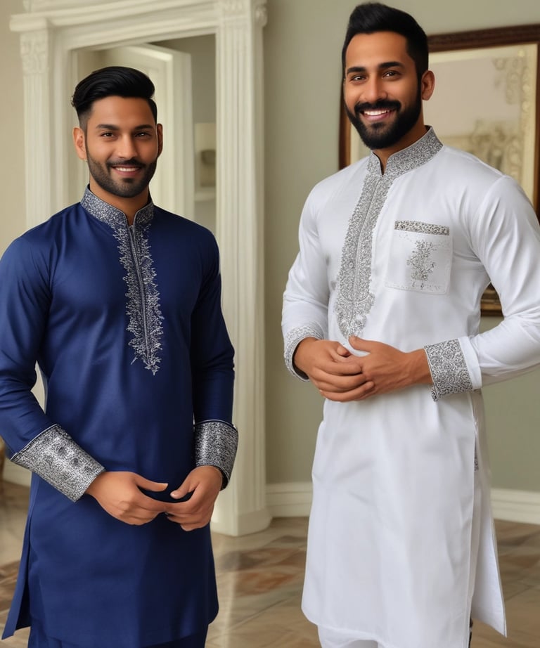 A person with long dark hair is wearing a blue patterned kurta with intricate floral designs. The attire features silver and white motifs, and the person accessorizes with large, ornate silver earrings. The background is simple and neutral, drawing focus to the clothing and jewelry.
