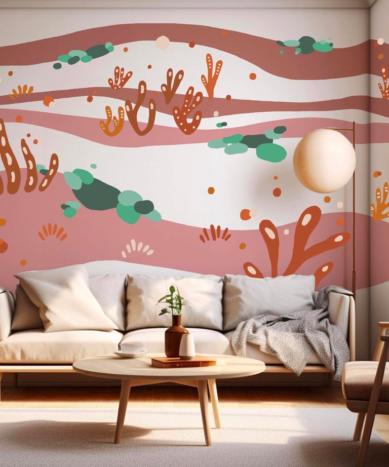 Photo d'une décore de salon avec une fresque murale sur le thème de la végétation aquatique  Eva Gir
