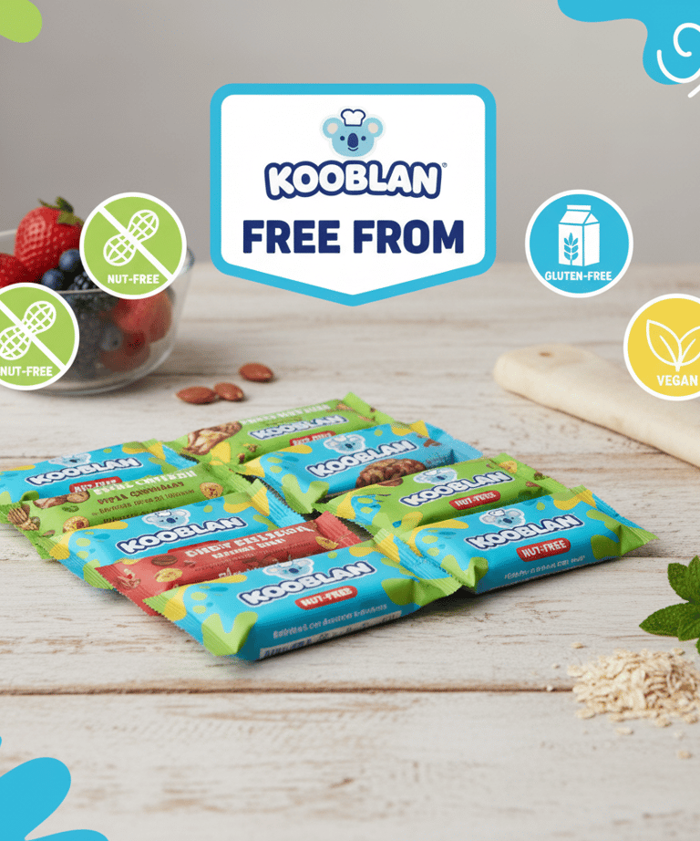 An assortment of Kooblan snack bars arranged on a wooden table featuring clear Nut-Free, Gluten-Free