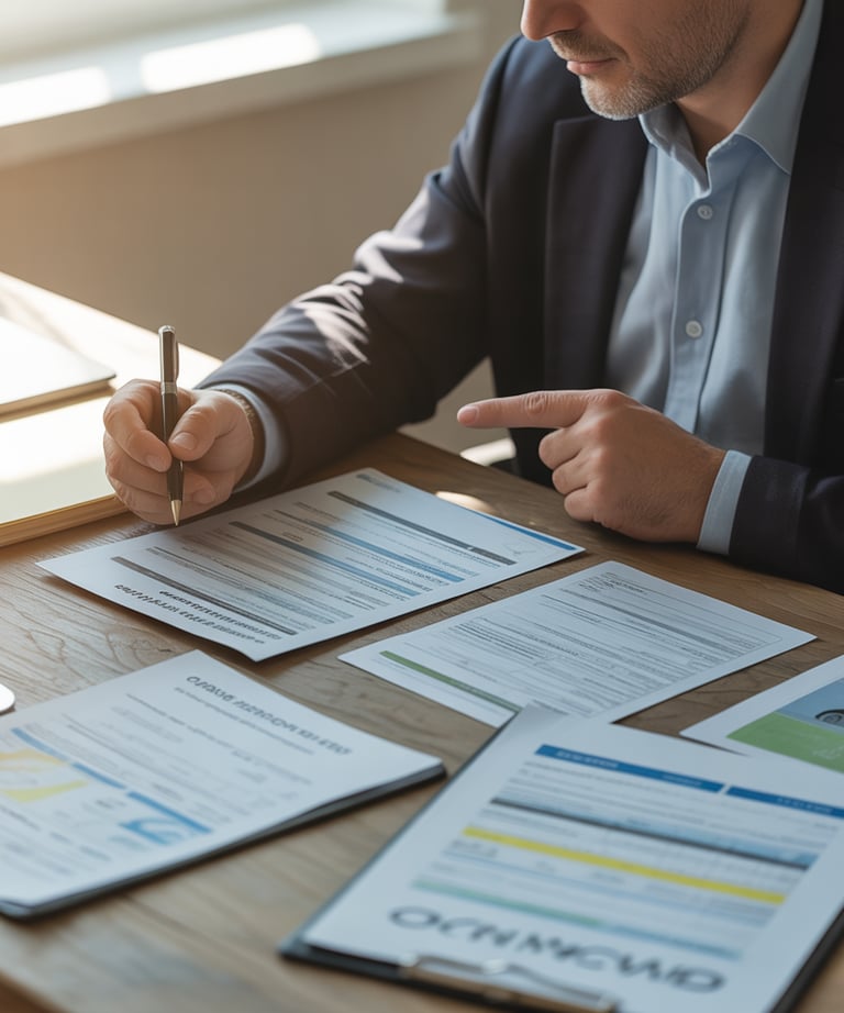 Professional businessman in a suit signing legal documents and insurance forms on a wooden desk.