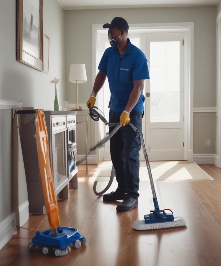 A team of cleaners working together in an office space.