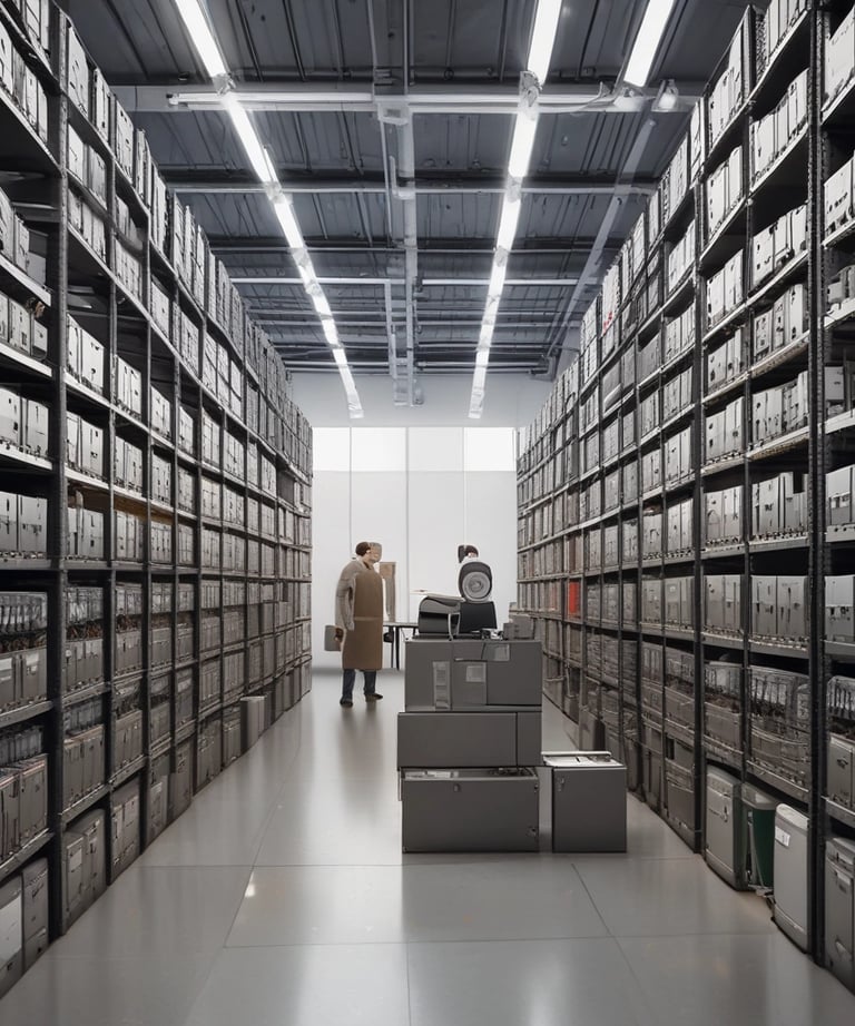 A warehouse filled with neatly organized consumer electronics and technology products ready for distribution.